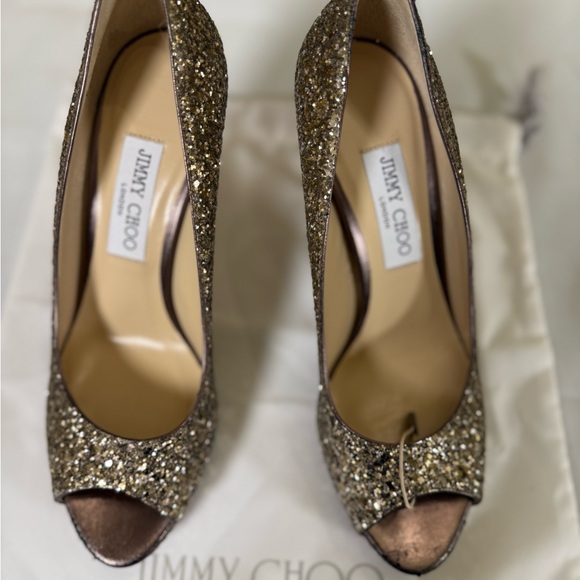 Jimmy Choo Sparkling Gold Peep Toe Heels - Picture 3 of 9